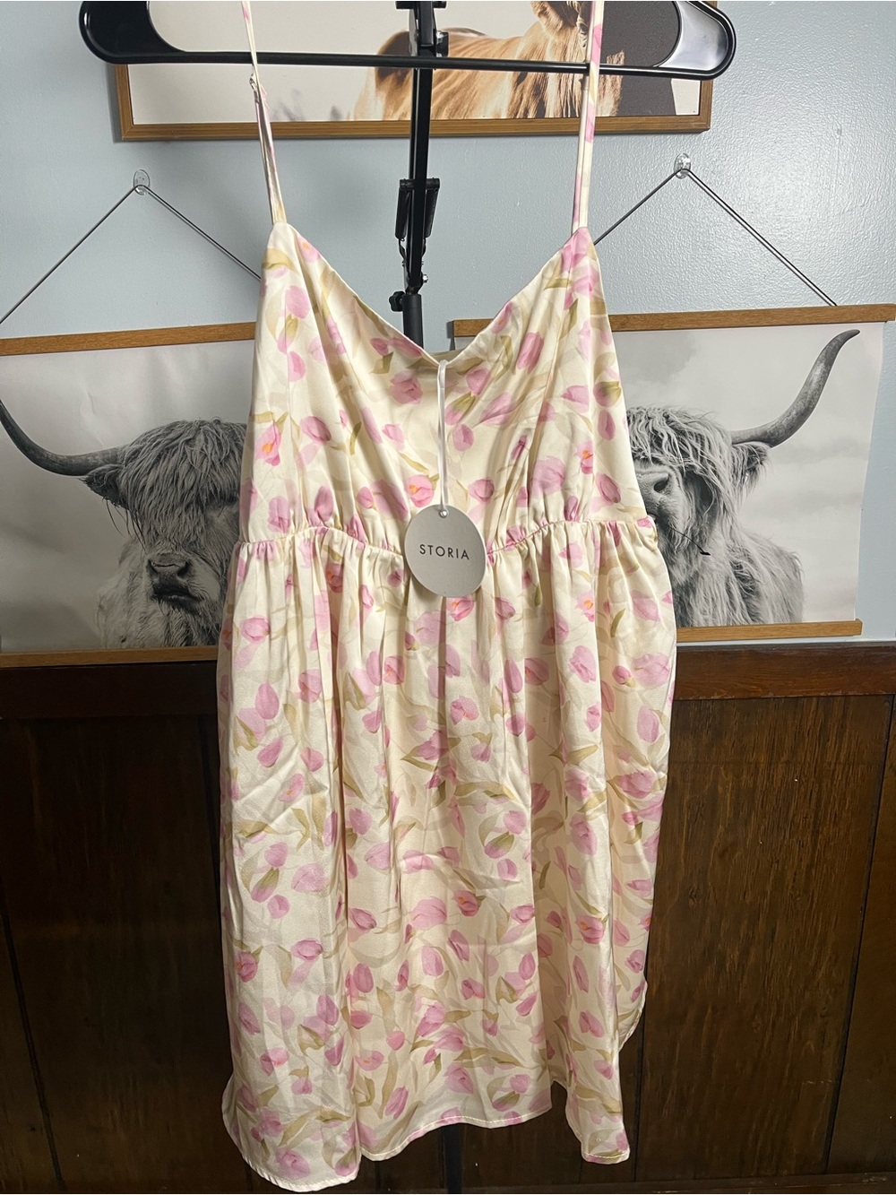 Storia Cream Slip Dress with Pink Floral Print